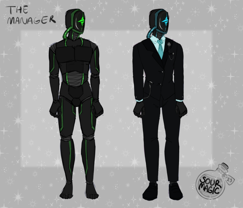 android cable chains classy clothed clothing dressed_up humanoid machine male necktie rgb_lighting robot screen screen_face solo sourmagic suit the_manager tube visor