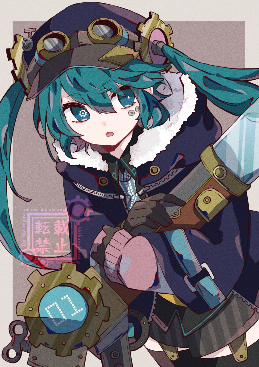 :o bad_id bad_pixiv_id black_hat black_shorts black_thighhighs bloomminority blue_capelet blue_hair blue_necktie bright_pupils cabbie_hat capelet commentary female fur-trimmed_capelet fur_trim garter_straps gear_hair_ornament gears goggles goggles_on_headwear hat hatsune_miku highres holding holding_weapon long_hair looking_to_the_side mismatched_pupils necktie pink_sweater screw shorts sidelocks solo steampunk sweater symbol-shaped_pupils thighhighs twintails vocaloid weapon white_necktie white_pupils