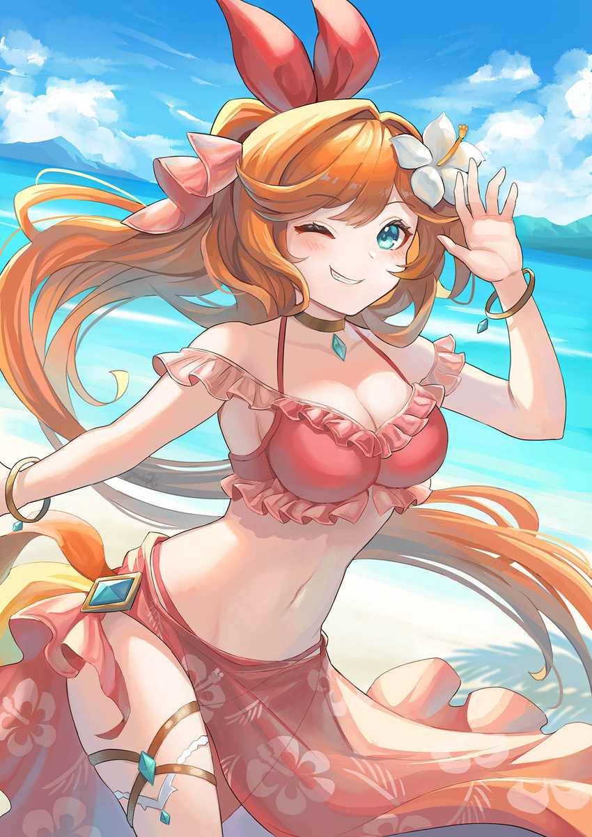 aqua_eyes bare_shoulders bikini blush bracelet breasts brown_hair choker clarisse_(granblue_fantasy) clarisse_(summer)_(granblue_fantasy) cleavage cloud collarbone day female frilled_bikini frills granblue_fantasy hair_intakes halterneck hand_up highres jewelry long_hair looking_at_viewer medium_breasts mountainous_horizon navel official_alternate_costume one_eye_closed outdoors ponytail red_bikini sarong smile solo swimsuit teeth walking water yuiko_(yuiyuiko_108)