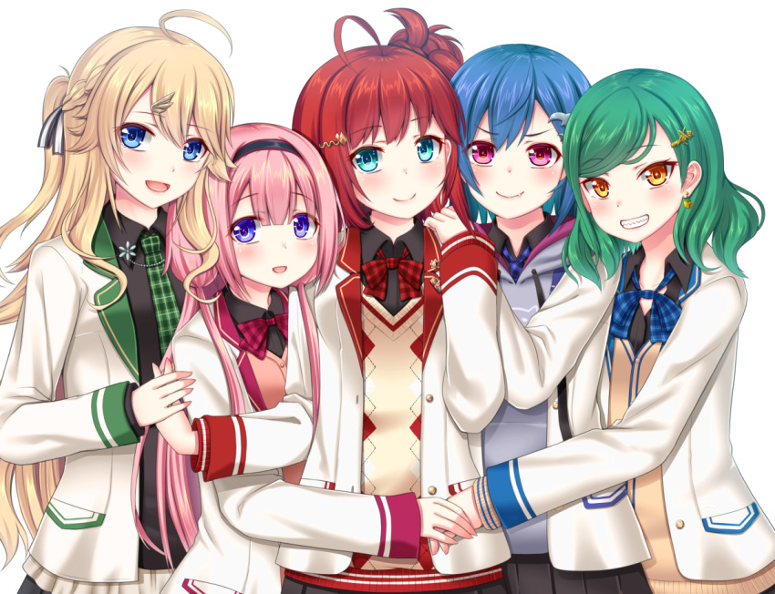 +_+ 5girls :d ahoge aqua_eyes asahina_akane_(1st_costume)_(nijisanji) asahina_akane_(nijisanji) black_hairband black_shirt black_skirt blazer blonde_hair blue_bow blue_eyes blue_hair blush bow braid brown_cardigan brown_eyes brown_sweater cardigan closed_mouth collared_shirt commentary_request drawstring fang_out green_hair green_necktie grey_hoodie grin hairband hanazome_dotera holding_hands hood hood_down hoodie jacket kitakoji_hisui kitakoji_hisui_(1st_costume) long_hair long_sleeves looking_at_viewer low_twintails multiple_girls necktie nijisanji nishizono_chigusa nishizono_chigusa_(1st_costume) oerba_yun_fang one_side_up open_clothes open_jacket open_mouth pink_hair plaid plaid_bow plaid_neckwear pleated_skirt purple_bow purple_eyes red_bow red_hair school_uniform selene_girls_school_(nijisanji) selene_girls_school_uniform sharp_teeth shirt simple_background skirt sleeves_past_wrists smile suo_sango suo_sango_(1st_costume) sweater teeth todo_kohaku todo_kohaku_(1st_costume) twintails very_long_hair virtual_youtuber white_background white_jacket