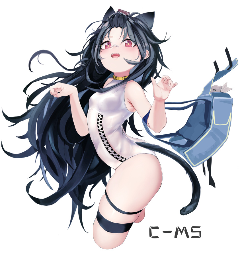 absurdres animal_ears bag bandaid bandaid_on_face bandaid_on_nose bare_arms black_hair blush breasts c-ms_(girls'_frontline) c-ms_(the_wonderful_adventures_of_goose)_(girls'_frontline) cat_ears cat_girl cat_tail commission cropped_legs female girls'_frontline highres long_hair looking_at_viewer mole mole_under_eye open_mouth pixiv_commission red_eyes simple_background small_breasts solo tail teeth thigh_strap timitarcat upper_teeth_only very_long_hair white_background