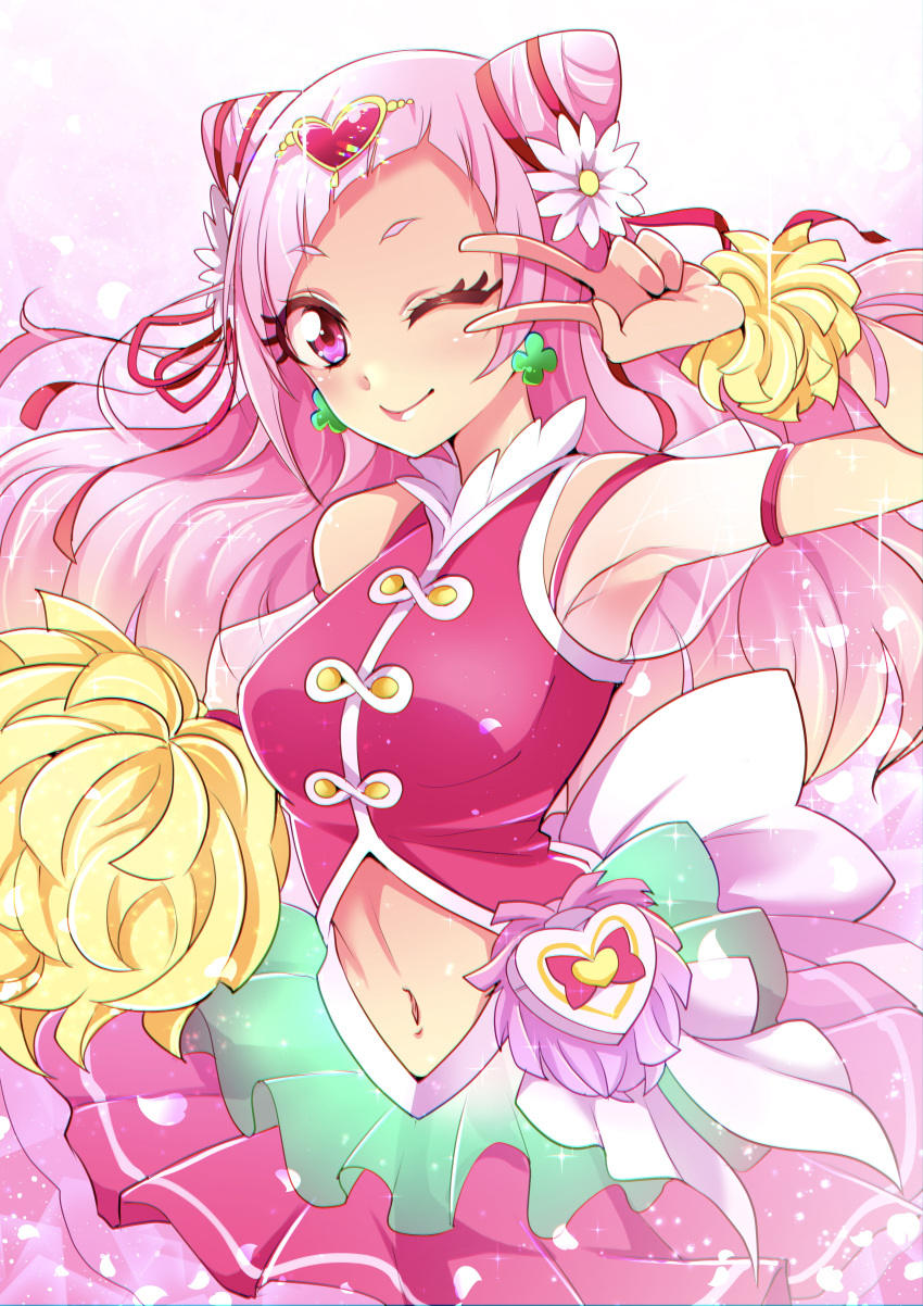 absurdres armpits blouse breasts clover_earrings cone_hair_bun cowboy_shot cure_yell female gradient_background hair_bun hair_ornament heart heart_hair_ornament heart_pouch highres hugtto!_precure looking_at_viewer medium_breasts mitsuki_tayura nono_hana one_eye_closed pink_background pink_shirt pink_skirt pom_pom_(cheerleading) precure puffy_short_sleeves puffy_sleeves see-through shirt short_sleeves skirt solo thick_eyelashes v