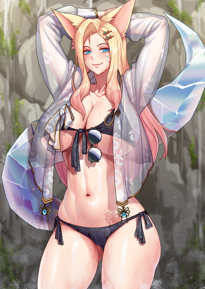 abs ahri_(league_of_legends) animal_ears aqua_eyes armpits arms_behind_head arms_up bikini black_bikini blonde_hair blush breasts cleavage collarbone commentary cowboy_shot eyewear_hang facial_mark female fox_ears fox_tail front-tie_bikini_top front-tie_top gonster gradient_hair groin hair_ornament hairclip highres k/da_(league_of_legends) k/da_ahri large_breasts league_of_legends long_hair long_sleeves looking_at_viewer midriff multicolored_hair navel parted_bangs purple_hair see-through side-tie_bikini_bottom sidelocks skindentation smile solo standing sunglasses swimsuit tail underboob unworn_eyewear wet whisker_markings