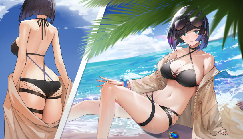 absurdres ass bare_back bare_legs bare_shoulders barefoot beach bikini black_bikini black_choker black_hair blue_eyes blue_hair blue_sky blunt_bangs bob_cut bracelet breasts chinese_commentary choker cleavage cloud commentary criss-cross_halter day eyewear_on_head female foot_out_of_frame genera-x genshin_impact grey_jacket halterneck highres jacket jewelry large_breasts long_sleeves looking_at_viewer mole mole_on_breast multicolored_hair multiple_views navel ocean off_shoulder open_clothes open_jacket outdoors revision short_hair sitting sky smile standing stomach sunglasses swimsuit thigh_strap thighs water yelan_(genshin_impact)