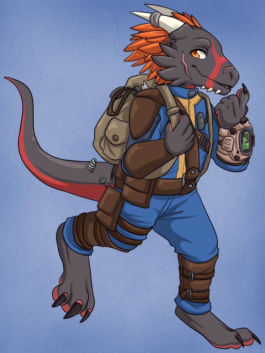 anthro arix_crim armor backpack barefoot bracelet bracers clothed clothing cosplay eye_scar facial_scar fallout feather_hair feathers feet grey_body grey_scales hi_res horn horn_jewelry horn_ring jewelry jumpsuit kobold male microsoft orange_eyes orange_feather_hair pip-boy pseudo_hair red_body red_scales reptile ring_(jewelry) scales scalie scar solo starwolfskin tail zgf_art zgf_gaming