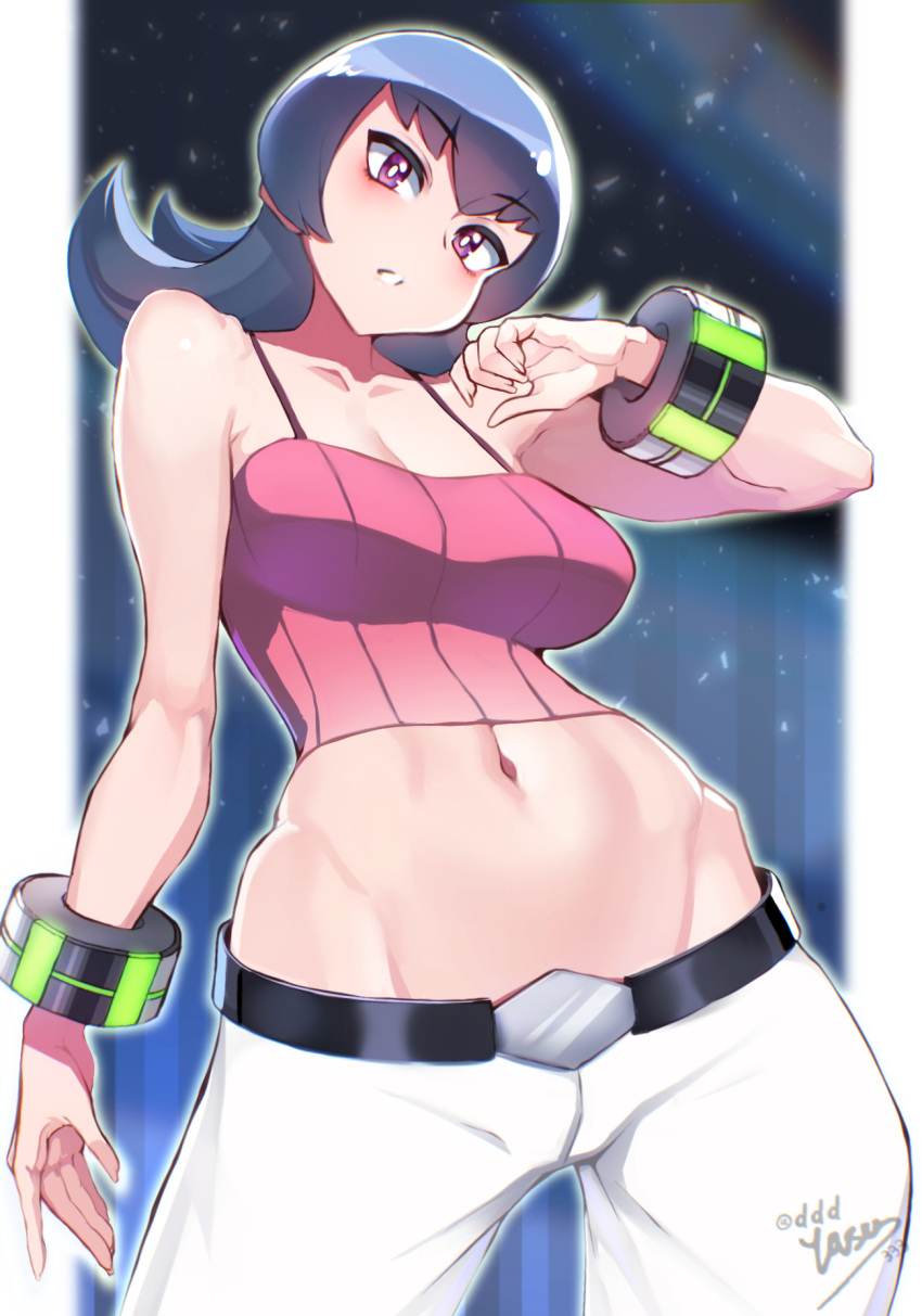 bare_arms bare_shoulders blue_hair breasts cleavage collarbone crop_top dark_blue_hair female flipped_hair highres large_breasts long_hair medium_hair midriff navel pants pink_shirt pokemon pokemon_hgss red_eyes ribbed_shirt sabrina_(pokemon) shirt short_hair sleeveless sleeveless_shirt solo spaghetti_strap white_pants yasu_suupatenin