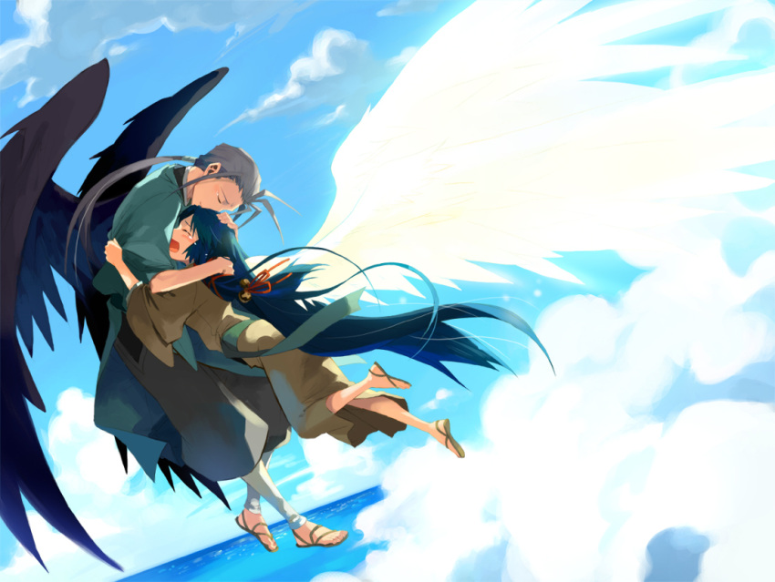 1boy air_(visual_novel) blue_hair closed_eyes comforting commentary_request female grey_hair hand_on_head head_rest hug japanese_clothes kannabi_no_mikoto kimono long_hair photoshop_(medium) runia ryuuya tears wings