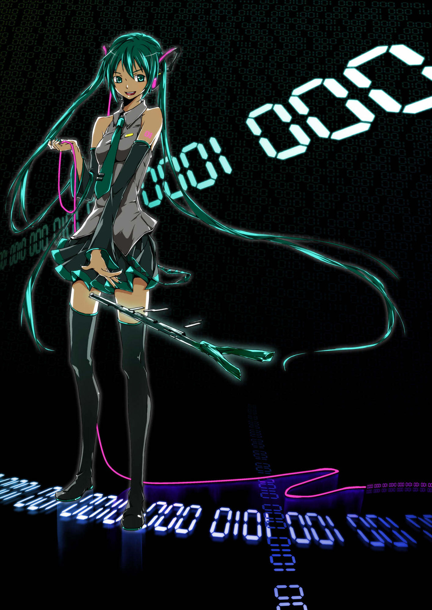 binary detached_sleeves female gor2 green_eyes green_hair hatsune_miku headset highres legs long_hair necktie skirt solo spring_onion thighhighs twintails very_long_hair vocaloid