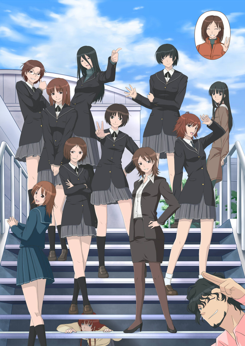 1boy 6+girls amagami ayatsuji_yukari black_hair brown_hair commentary_request glasses grey_skirt hiba_manaka high_heels highres itou_kanae_(amagami) jacket kamizaki_risa kibito_high_school_uniform kurosawa_noriko legs long_hair long_legs long_sleeves makihara_mika michael_gallagher miniskirt multiple_girls not_present pantyhose pleated_skirt school_uniform serafuku shoes short_hair skirt stairs tachibana_miya takahashi_maya tanaka_keiko_(amagami) toki_(tokihakashi) tsukahara_hibiki turtleneck yamaguchi_ayumi yuzuki_ruriko