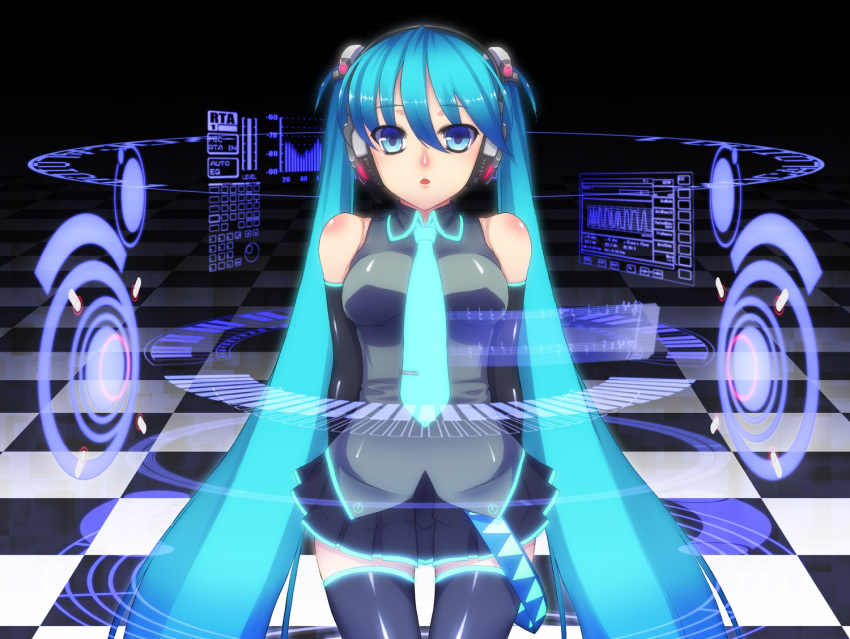 aqua_eyes aqua_hair bad_id bad_pixiv_id chiha_(abo_ecm_mk25) detached_sleeves female hatsune_miku headphones headset long_hair necktie photoshop_(medium) sitting skirt solo thighhighs twintails very_long_hair vocaloid zettai_ryouiki