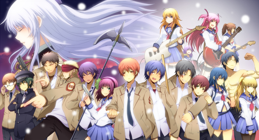 6+girls adjusting_eyewear ahoge angel_beats! bandana belt beretta_92 black_hair blonde_hair blue_eyes blue_hair blush bow brown_eyes brown_hair choker closed_eyes commentary_request covering_own_eyes cross crossed_arms demon_tail drum drumsticks erito everyone feathers fujimaki_(angel_beats!) girls_dead_monster glasses green_eyes green_hair guitar gun hairband hairbow halberd handgun hat highres hisako_(angel_beats!) instrument irie_miyuki long_hair matsushita_(angel_beats!) multiple_girls nakamura_yuri naoi_ayato necktie noda_(angel_beats!) oerba_yun_fang one_eye_closed ooyama_(angel_beats!) open_mouth orange_eyes orange_hair otonashi_yuzuru pantyhose pink_eyes pink_hair polearm ponytail purple_eyes purple_hair red_eyes school_uniform sekine_shiori serafuku shiina_(angel_beats!) shirasaya short_hair short_twintails sky sleeves_rolled_up sword tachibana_kanade tail takamatsu_(angel_beats!) takeyama_(angel_beats!) thigh_strap thighhighs tk_(angel_beats!) topless twilight twintails two_side_up very_long_hair weapon white_hair white_thighhighs yui_(angel_beats!) yusa_(angel_beats!)