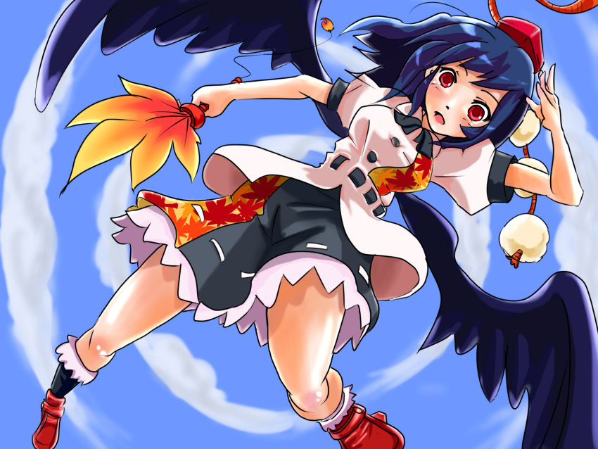 black_hair black_wings blush commentary_request female foreshortening geta hand_fan hat hauchiwa highres looking_at_viewer midair open_mouth red_eyes shameimaru_aya short_hair solo sora-bozu surprised tengu-geta tokin_hat touhou wings