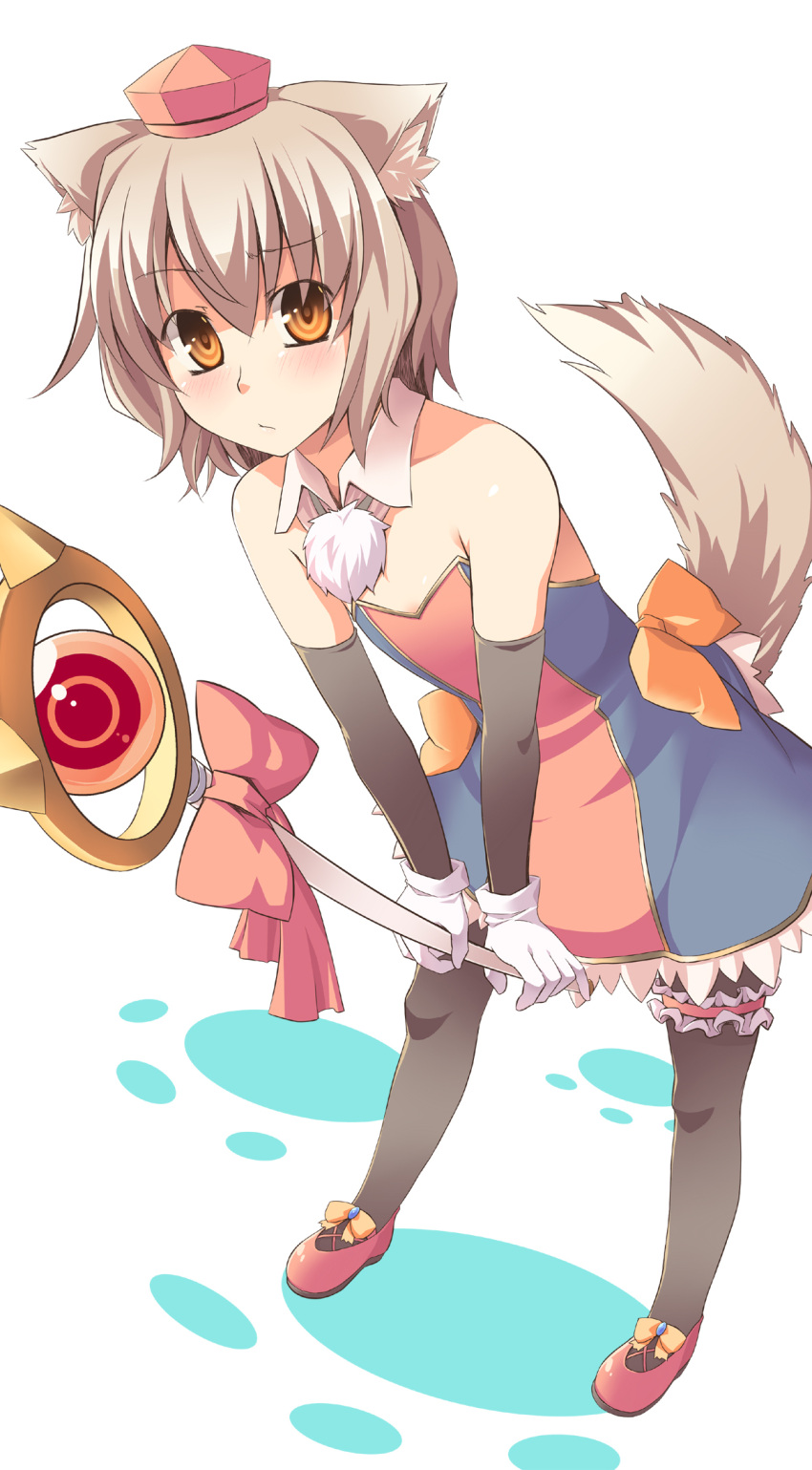 aaru_(tenrake_chaya) animal_ears bad_id bad_pixiv_id cosplay female gloves grey_hair hat highres inubashiri_momiji parody renkin_san-kyuu_magical_pokaan short_hair solo staff tail thighhighs tokin_hat touhou wolf_ears wolf_tail yuuma_(renkin_san-kyuu_magical_pokaan) yuuma_(renkin_san-kyuu_magical_pokaan)_(cosplay)