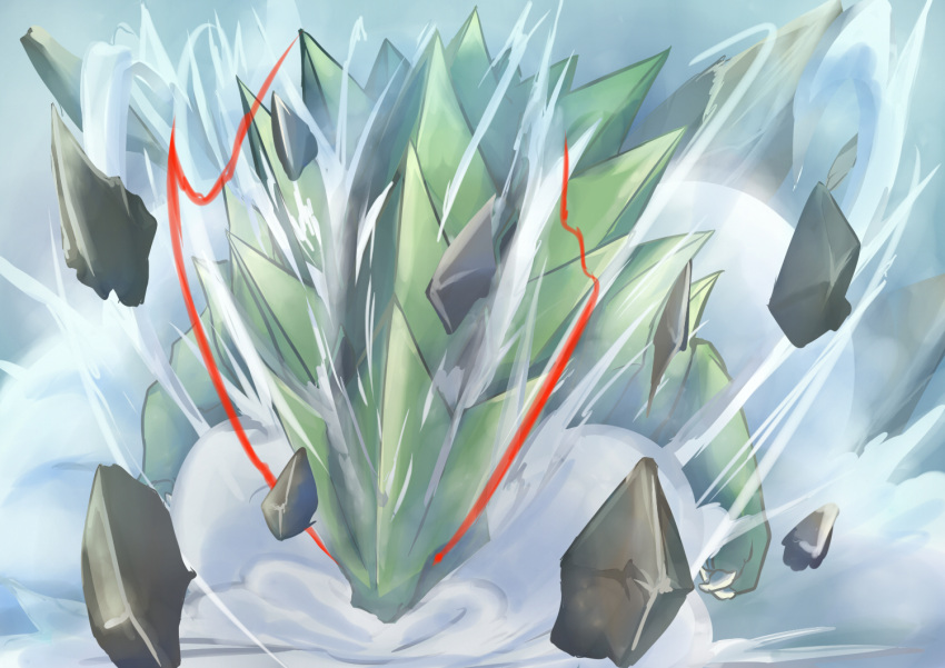 bad_id bad_pixiv_id explosion kunno monster monster_hunter_(series) no_humans parody pokemon pokemon_(creature) red_eyes rock spikes tyranitar ukanlos