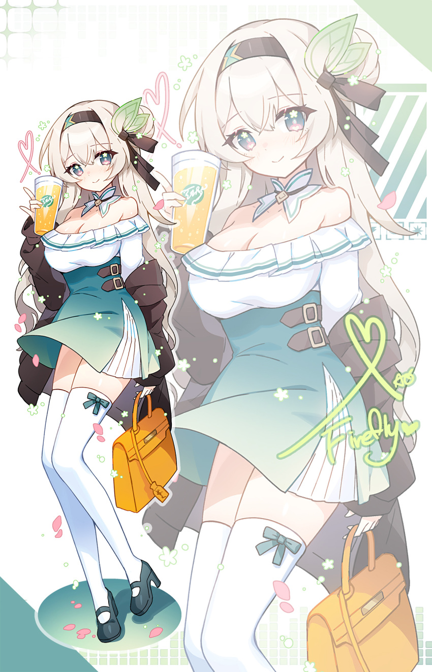 apple_caramel aqua_dress bag bare_shoulders black_footwear black_hair black_jacket blue_eyes blush breasts character_name cleavage collar commentary cup detached_collar dress english_commentary english_text female firefly_(honkai:_star_rail) full_body grey_hair hair_between_eyes heart highres holding holding_bag holding_cup honkai:_star_rail honkai_(series) jacket long_hair long_sleeves looking_at_viewer medium_breasts off-shoulder_dress off_shoulder open_clothes open_jacket smile thighhighs very_long_hair white_collar white_thighhighs zettai_ryouiki zoom_layer