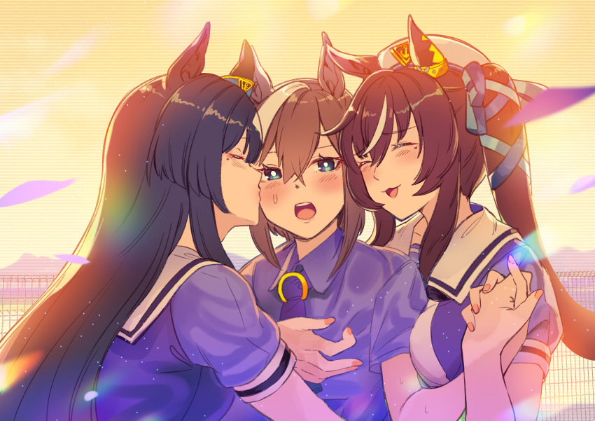 3girls :3 anchor_necklace animal_ears blue_eyes blue_hair blush breasts brown_hair cheval_grand_(umamusume) closed_eyes dark_blue_hair doushi_tatsu_to_dekkai_no ear_covers ear_ornament earrings ears_through_headwear evening hair_between_eyes hair_ornament hat heart_ear_ornament highres horse_ears horse_girl horse_tail jewelry long_hair looking_at_viewer mole mole_under_eye multicolored_hair multiple_girls necklace open_mouth purple_serafuku school_uniform serafuku single_ear_cover single_earring smile streaked_hair tail tracen_school_uniform twintails umamusume v_sisters verxina_(umamusume) vivlos_(umamusume) white_hair