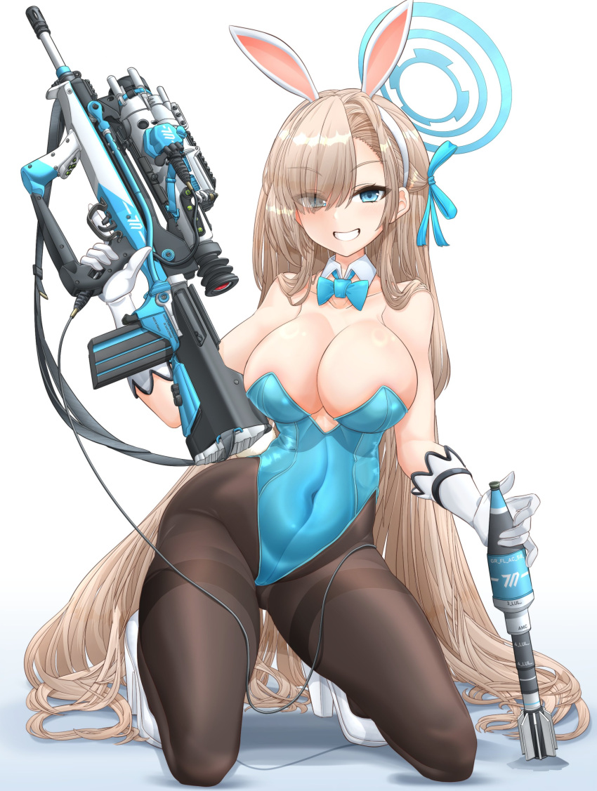 absurdres ammunition animal_ears aqua_leotard assault_rifle asuna_(blue_archive) asuna_(bunny)_(blue_archive) asymmetrical_bangs blue_archive blue_bow blue_bowtie blue_leotard bow bowtie breasts bullpup bunny_day detached_collar fake_animal_ears famas female grin gun hair_over_one_eye halo highleg highleg_leotard highres holding holding_weapon leotard light_brown_hair mikeran_(mikelan) mole mole_on_breast mortar_shell official_alternate_costume pantyhose playboy_bunny rabbit_ears rifle smile strapless strapless_leotard thighband_pantyhose traditional_bowtie weapon