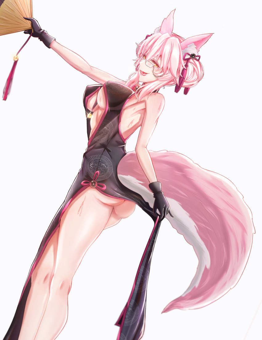 absurdres animal_ears ass bare_shoulders black_dress black_gloves breasts center_opening china_dress chinese_clothes clothes_lift dress dress_lift fate/grand_order fate_(series) female fox_ears fox_girl fox_tail glasses gloves hair_bun hand_fan highres holding holding_fan koyanskaya_(chinese_lostbelt_outfit)_(fate) koyanskaya_(fate) looking_at_viewer oerba_yun_fang open_mouth pink_hair short_hair sigma17561 smile solo sweat tail tamamo_(fate) yellow_eyes