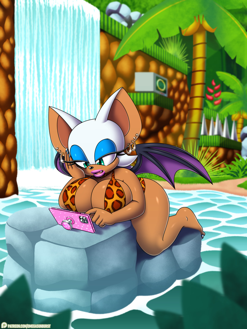 absurd_res anthro bat big_breasts biped breasts cellphone cleavage clothed clothing electronics eyelashes female hi_res mammal membrane_(anatomy) membranous_wings omegasunburst one-piece_swimsuit phone pupils rouge_the_bat sega sling_bikini solo sonic_the_hedgehog_(series) swimwear water waterfall wings