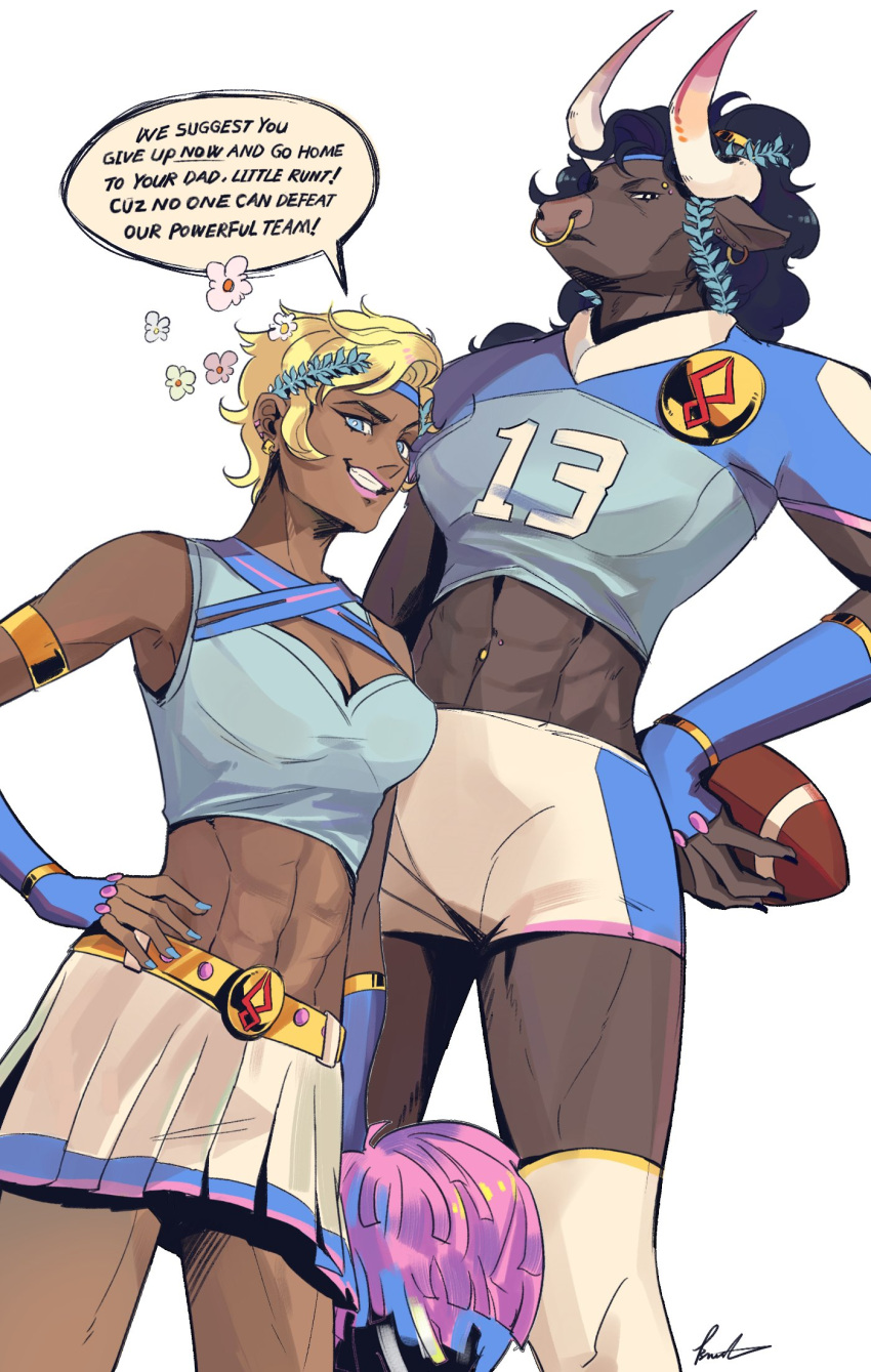 abs american_football_(object) aqua_nails asterius_(hades) ball blue_eyes breasts brush_(brush2h) cheerleader cleavage dark-skinned_female dark_skin fingernails furry furry_female genderswap_(mtf) hades_(series) hades_1 highres horns laurel_crown lips medium_breasts midriff miniskirt minotaur muscular muscular_female nose_piercing nose_ring piercing pom_pom_(cheerleading) rule_63 shirt short_hair shorts simple_background skirt theseus_(hades) thighhighs very_short_hair white_shirt