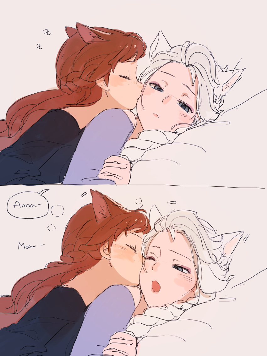 2girls absurdres animal_ears anna_(frozen) breath cat_ears closed_eyes commentary_request elsa_(frozen) english_text frozen_(disney) frozen_1022 grey_eyes half-closed_eyes half_up_braid highres incest kemonomimi_mode kissing kissing_cheek korean_commentary lying_on_person meowing multiple_girls one_eye_closed open_mouth orange_hair pink_background siblings simple_background sisters speech_bubble upper_body white_hair yuri zzz