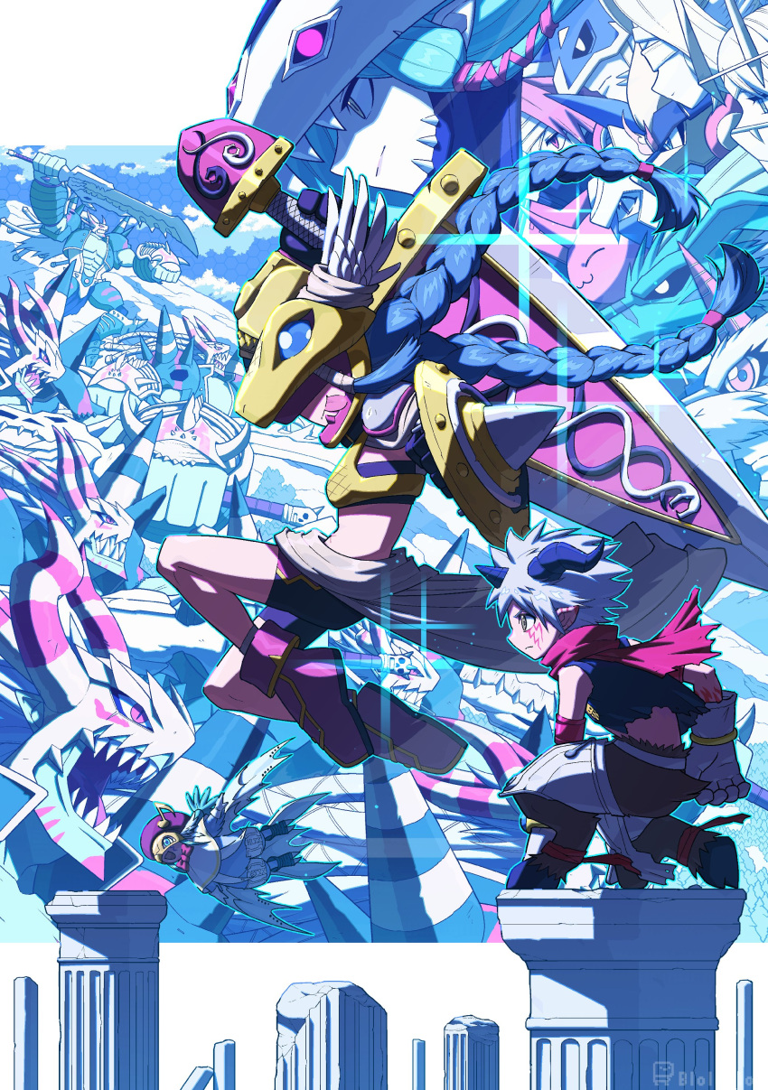 6+boys 6+girls absurdres aegiomon apollomon bacchusmon battle bbb_(fabio8552) black_shorts blindfold blue_hair braid dianamon digimon digimon_(creature) digimon_day from_side goat_horns highres holding holding_shield holding_sword holding_weapon horns junomon marsmon mercurymon mervamon midriff minervamon multiple_boys multiple_girls neptunemon profile sharp_teeth shield shorts sirenmon solo_focus sword teeth titamon twin_braids venusmon vulcanusmon weapon white_hair