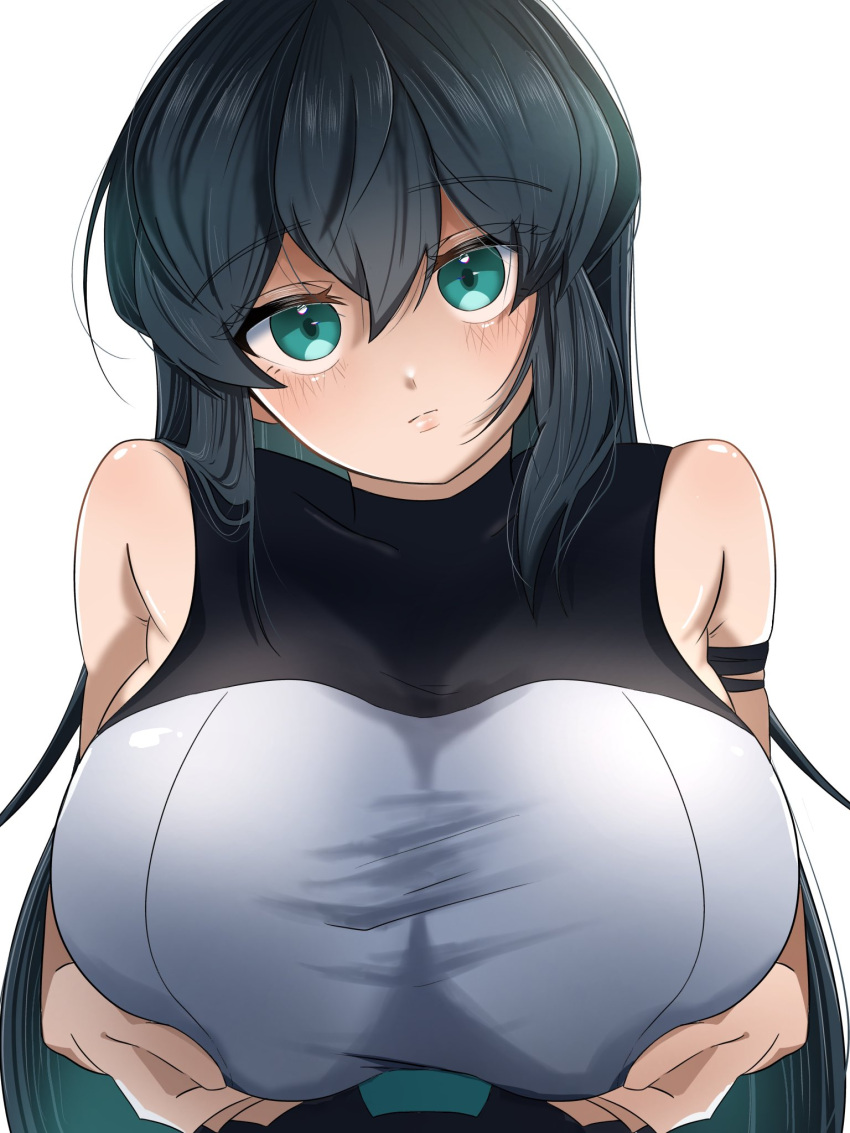 black_hair breasts colored_inner_hair covered_collarbone female green_eyes green_hair grey_shirt gundam gundam_build_divers gundam_build_divers_re:rise head_tilt highres huge_breasts juice_(jule_tyaojule) light_frown long_hair looking_at_viewer may_(gundam_build_divers_re:rise) multicolored_hair shirt simple_background sleeveless sleeveless_shirt solo very_long_hair white_background