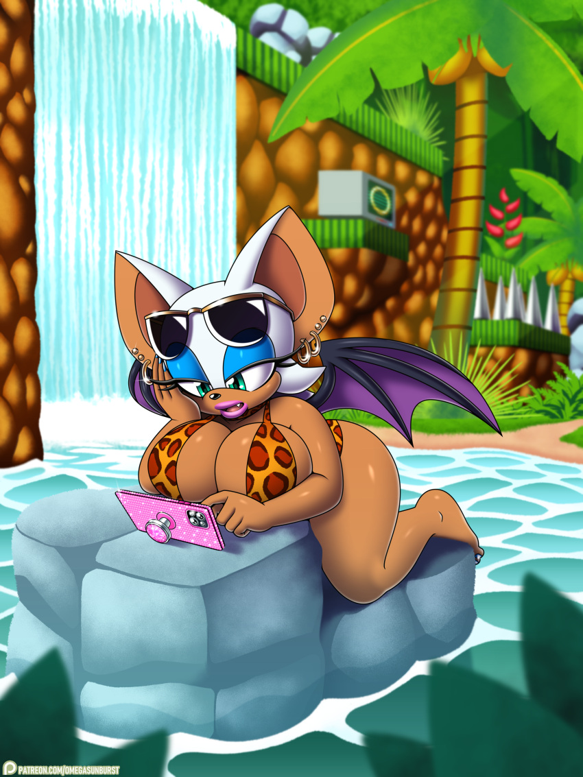 absurd_res anthro bat big_breasts biped breasts cellphone cleavage clothed clothing electronics eyelashes female hi_res mammal membrane_(anatomy) membranous_wings omegasunburst one-piece_swimsuit phone pupils rouge_the_bat sega sling_bikini solo sonic_the_hedgehog_(series) swimwear water waterfall wings