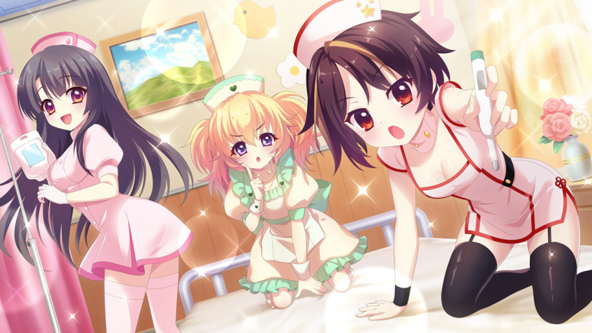 3girls arm_support bandou_mikuru bed between_legs black_garter_straps black_hair black_thighhighs black_wristband blonde_hair breasts brown_hair buttons cleavage curtains detached_collar double-breasted dress dutch_angle film_grain flower frilled_dress frills game_cg garter_straps hand_between_legs hasegawa_mii hat holding holding_thermometer hospital_bed ichikishima_mizuha index_finger_raised indoors iv_stand izumi_tsubasu kneeling leaning_forward lens_flare long_hair looking_at_viewer medium_breasts multicolored_hair multiple_girls non-web_source nurse nurse_cap official_art open_mouth picture_frame pink_dress pink_flower pink_rose purple_eyes re:stage! red_eyes red_flower red_rose rose short_hair side_slit small_breasts smile sparkle sparkling_eyes star_(symbol) straight_hair streaked_hair thermometer thighhighs twintails two-tone_hair white_flower white_rose white_thighhighs white_wrist_cuffs wrist_cuffs yellow_dress