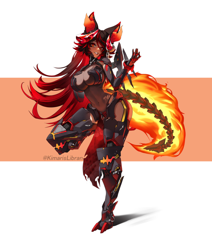 absurdres animal_ears arm_armor armored_bodysuit armored_boots armored_leotard black_leotard bodystocking boots breasts brown_hair cleavage cosplay covered_navel female fiery_ears fiery_tail goddess_of_victory:_nikke hair_between_eyes heretics_(nikke) highres horns indie_virtual_youtuber kimarislibran large_breasts leotard long_hair looking_at_viewer mechanical_tail multicolored_hair nihilister_(nikke) nihilister_(nikke)_(cosplay) orange_fire red_eyes red_hair see-through see-through_cleavage sinder_(vtuber) skeletal_tail smile solo standing streaked_hair tail torn_bodystocking torn_clothes virtual_youtuber wolf_ears wolf_girl wolf_tail