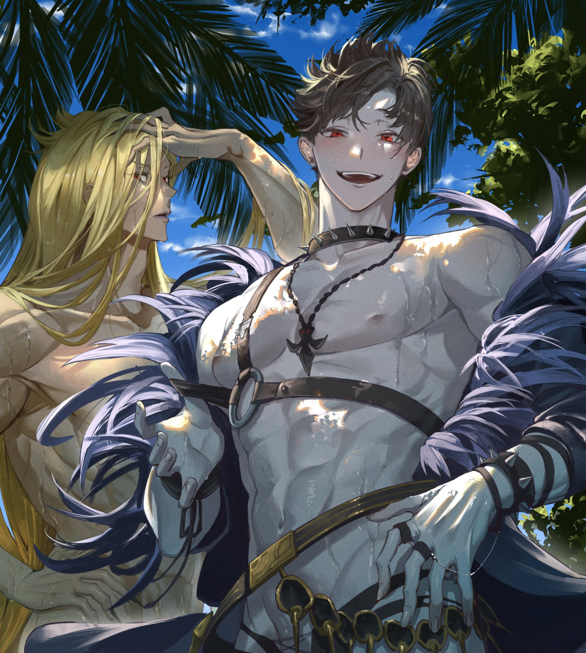 2boys abs bara beelzebub_(granblue_fantasy) belial_(granblue_fantasy) belial_(summer)_(granblue_fantasy) black_choker black_hair black_jacket black_male_swimwear blonde_hair blue_sky choker cloud collarbone cowboy_shot cross-laced_clothes cross-laced_one-piece_swimsuit dark-skinned_male dark_skin feather-trimmed_jacket feather_boa feather_trim feathers granblue_fantasy groin hand_in_own_hair hand_on_own_hip hand_up highres jacket jacket_on_shoulders jewelry large_pectorals long_hair looking_at_viewer male_focus male_swimwear multiple_boys necklace nipples official_alternate_costume one-piece_swimsuit palm_tree pectorals red_eyes ring short_hair sky spiked_choker spikes swim_briefs swimsuit tree wet white_feathers zuraa_(naunau_seijin)