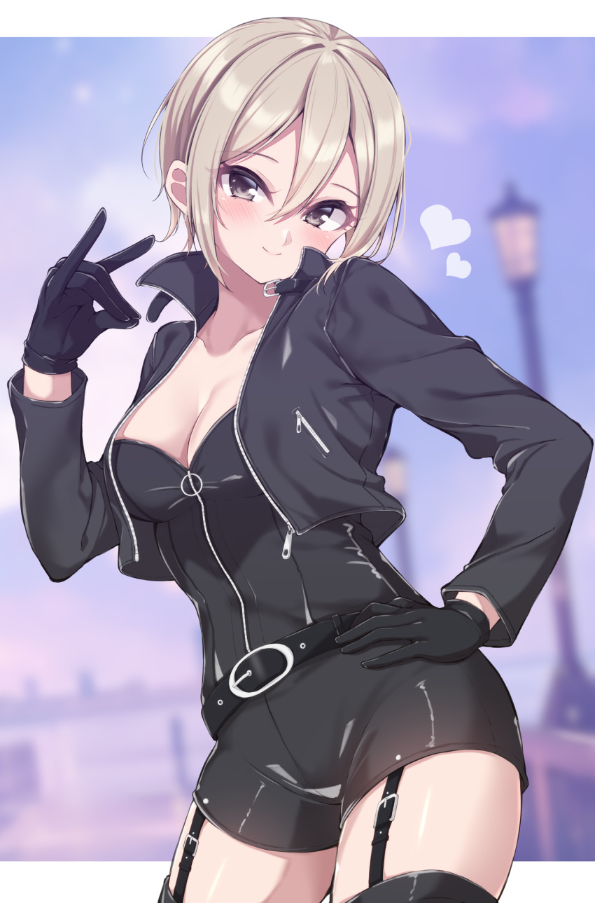 belt black_belt black_garter_straps black_gloves black_jacket black_thighhighs blonde_hair blurry blurry_background blush breasts cleavage commentary_request cowboy_shot cropped_jacket female fox_shadow_puppet garter_straps gloves grey_eyes hair_between_eyes hand_on_own_hip hand_up heart highres idolmaster idolmaster_cinderella_girls jacket jiino lamppost letterboxed looking_at_viewer open_clothes open_jacket outdoors outside_border shiomi_syuko short_hair sidelocks smile solo strapless thighhighs zipper