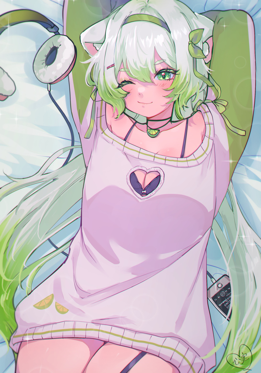 absurdres animal_ears arms_behind_head breasts cellphone cleavage cleavage_cutout clothing_cutout dress female ferret_ears ferret_girl green_eyes green_hair green_hairband green_headphones hairband heart_cutout highres kokomi_(aniesuakkaman) laimu_(vtuber) lime_necklace long_hair long_sleeves low_twintails medium_breasts multicolored_hair on_bed one_eye_closed phone smartphone smile solo sweater sweater_dress twintails unworn_headphones vinesauce virtual_youtuber white_hair