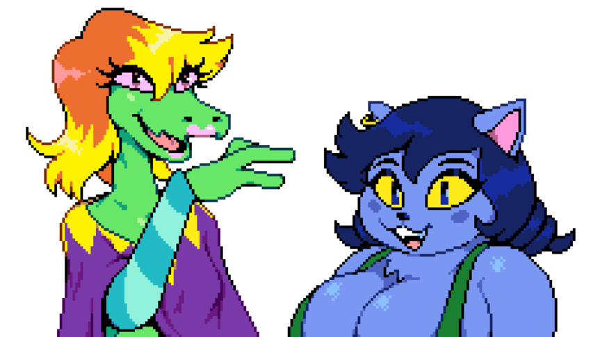 alli_(under(her)tail) alligator alligatorid alternate_universe anthro archeeze big_breasts blonde_hair blue_body blue_eyes blue_hair blush bratty_(undertale) breasts catty_(undertale) clothed clothing crocodilian curled_hair digital_media_(artwork) domestic_cat duo ear_piercing ear_ring eyebrows eyelashes fangs felid feline felis felli_(under(her)tail) female fingers fur glistening glistening_body glistening_eyes green_body hair hair_shine huge_breasts lipstick looking_at_viewer makeup mammal monster open_mouth overalls overweight overweight_female piercing pink_eyes pixel_(artwork) reptile ring_piercing scalie slightly_chubby small_breasts smile teeth tongue topwear tuft under(her)tail undertale undertale_(series) video_games yellow_eyes