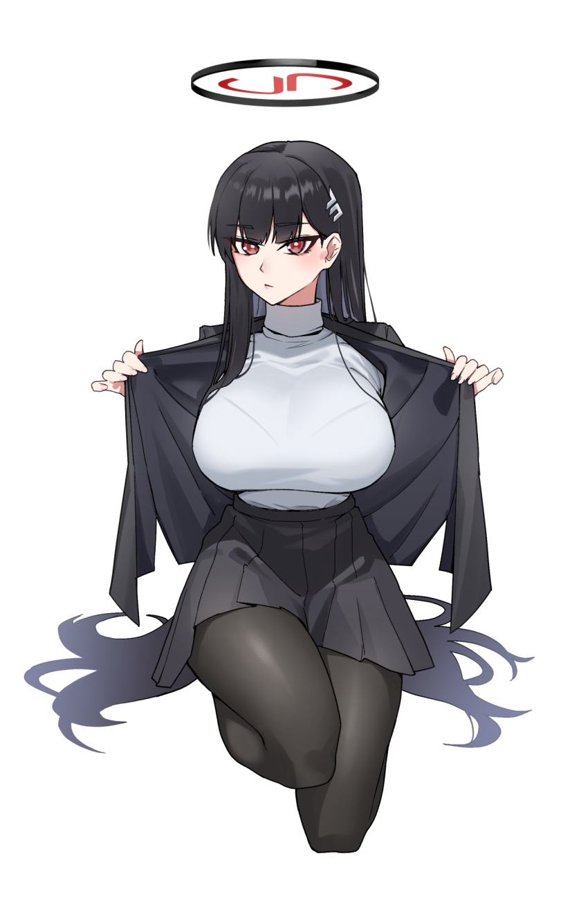 black_hair black_pantyhose blazer blue_archive blush bralines breasts female hair_ornament hairclip halo highres jacket large_breasts long_hair looking_at_viewer pantyhose pleated_skirt red_eyes rio_(blue_archive) rodeong_r simple_background skirt solo sweater turtleneck turtleneck_sweater very_long_hair white_background