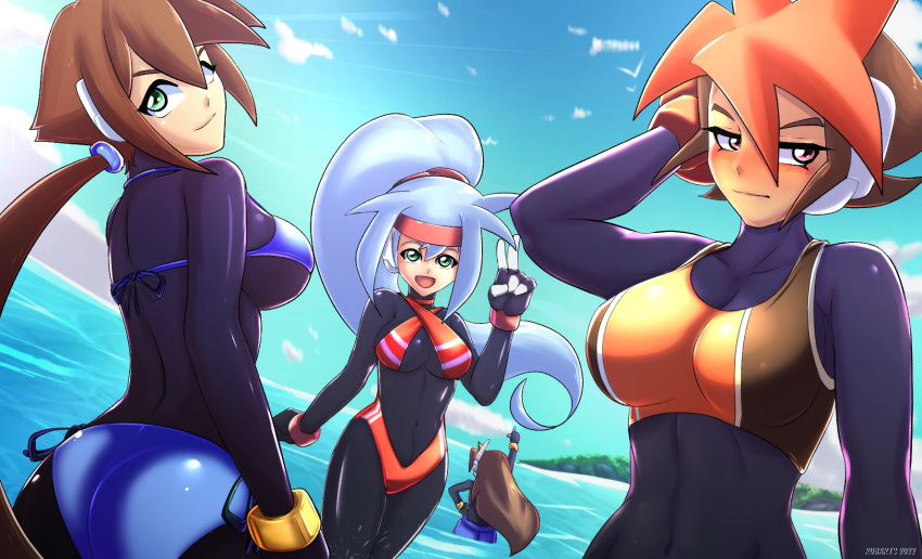 3girls aile_(mega_man_zx) arm_behind_head ashe_(mega_man) atlas_(mega_man) axasempai bikini black_bodysuit blue_bikini blue_hair blush bodysuit breasts brown_bikini brown_hair covered_collarbone covered_navel english_commentary green_eyes hair_between_eyes highres island large_breasts long_hair mega_man_(series) mega_man_x_(series) mega_man_x_dive mega_man_zx mega_man_zx_advent multicolored_hair multiple_girls ocean orange_bikini orange_hair ponytail red_bikini red_eyes robot_ears short_hair side-tie_bikini_bottom swimsuit two-tone_bikini v vent_(mega_man)