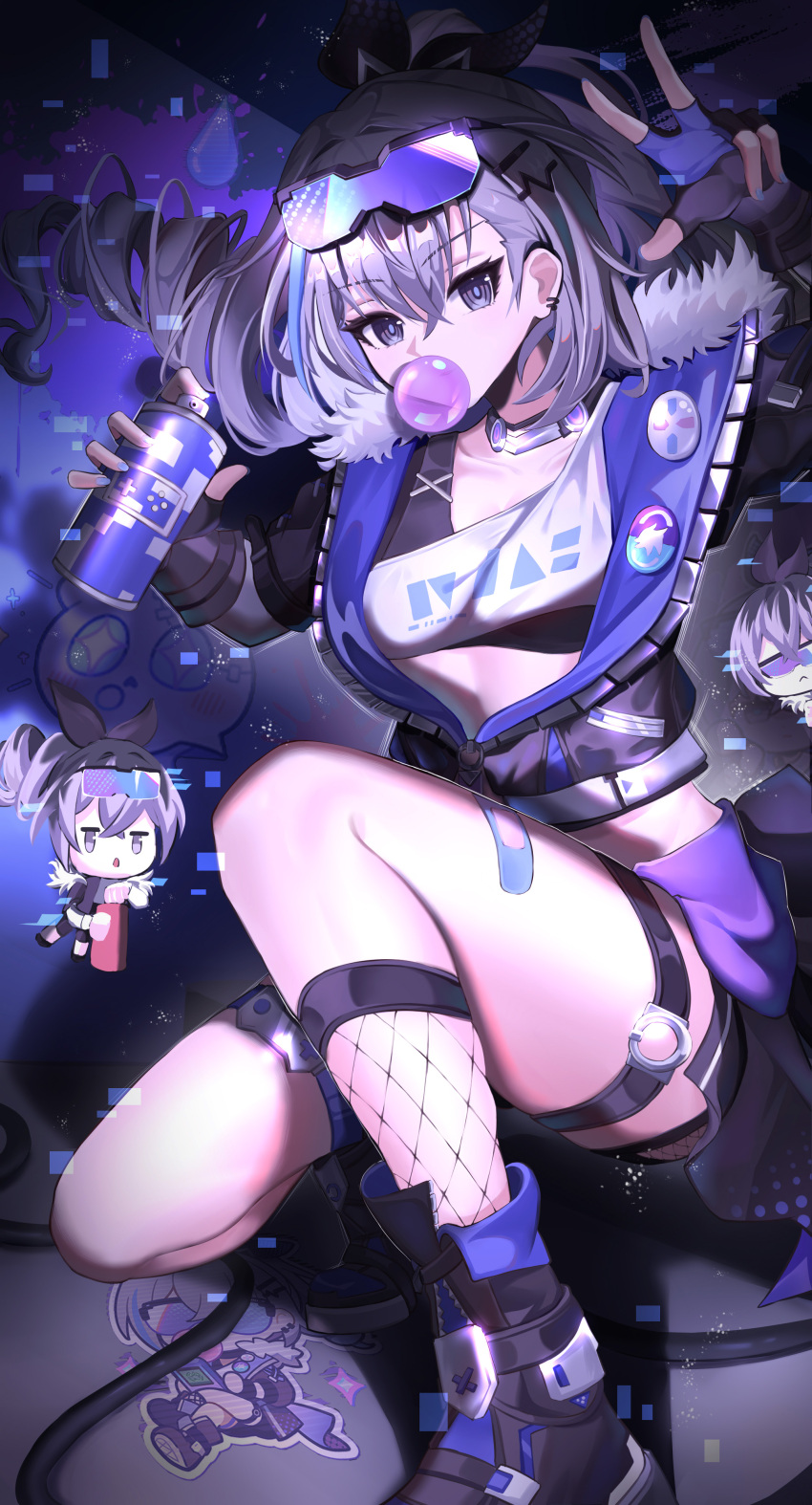 absurdres aichinaigai black_footwear black_jacket black_shorts blowing_bubbles breasts can collarbone drill_hair drill_ponytail female fingerless_gloves fishnets gloves goggles goggles_on_head grey_eyes grey_hair hair_between_eyes highres holding holding_can honkai:_star_rail honkai_(series) jacket looking_at_viewer midriff_peek partially_unzipped shorts silver_wolf_(honkai:_star_rail) small_breasts sports_bra spray_can thighhighs wubbaboo_(honkai:_star_rail)