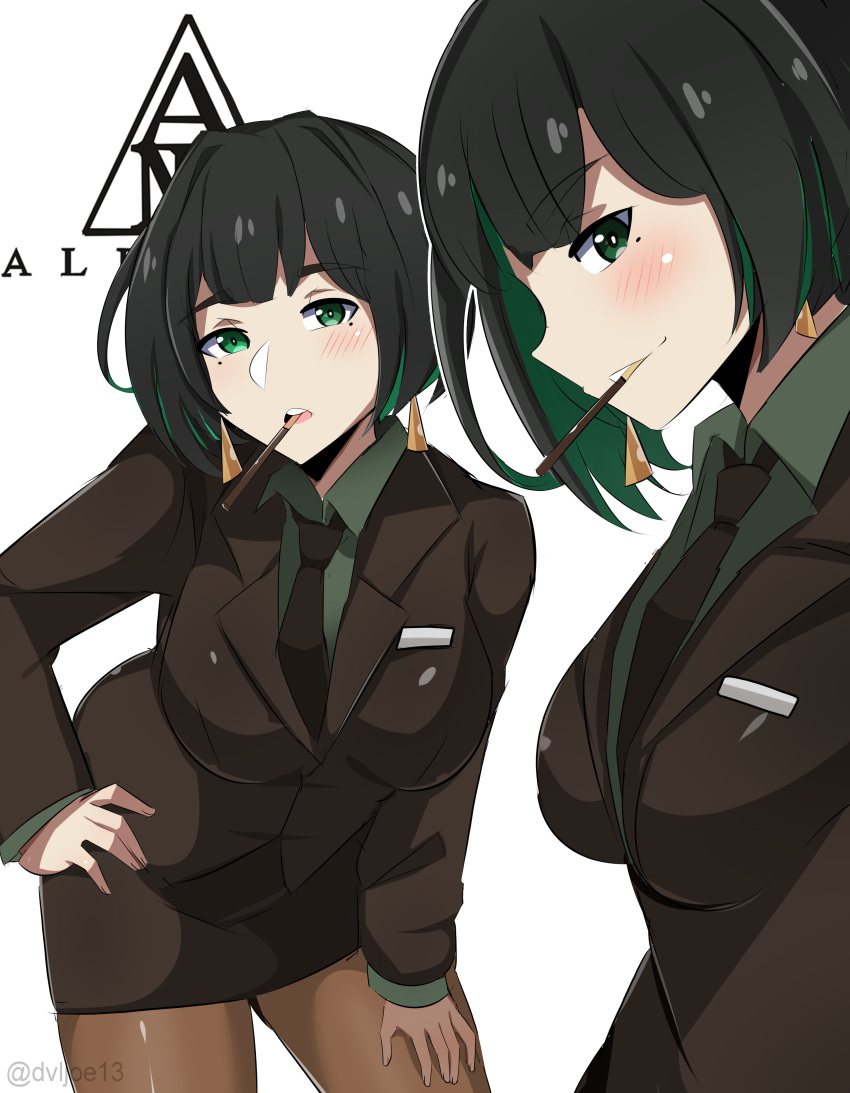 absurdres allmind_(armored_core_6) armored_core armored_core_6 artist_name black_hair black_necktie black_skirt blush breasts brown_pantyhose character_name colored_inner_hair dvljoe earrings female food green_eyes green_hair hand_on_own_hip hand_on_own_leg highres jewelry leaning_forward looking_at_viewer medium_breasts mole mole_under_eye mouth_hold multicolored_hair necktie pantyhose pencil_skirt pocky skirt