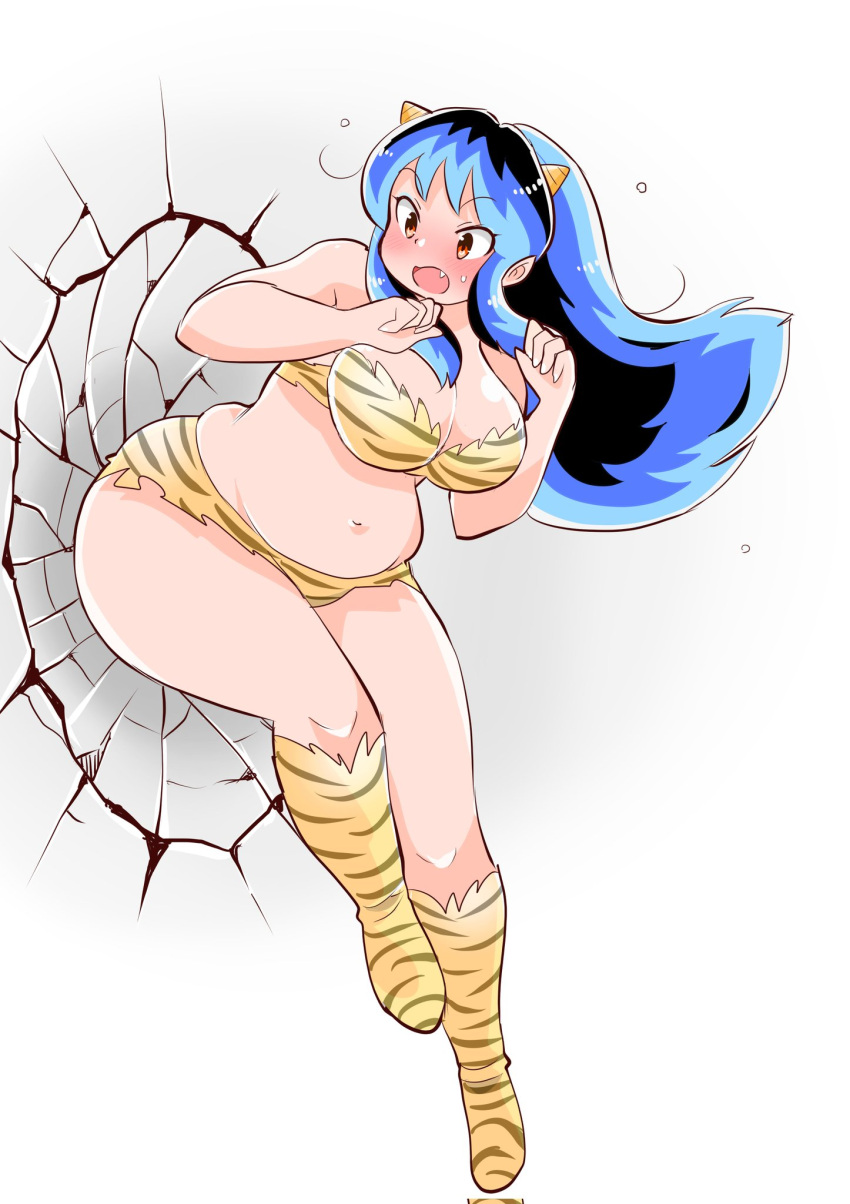 alternate_body_size animal_print bikini blue_hair blush boots breasts cleavage clenched_hands commentary_request cone_horns corrupted_twitter_file fat female full_body highres horns knee_boots large_breasts long_hair looking_back lum navel oerba_yun_fang open_mouth orange_eyes plump pointy_ears sidelocks small_horns solo sweatdrop swimsuit thick_thighs thighs tiger_print toyishiki_shizuoka urusei_yatsura white_background yellow_bikini yellow_footwear yellow_horns