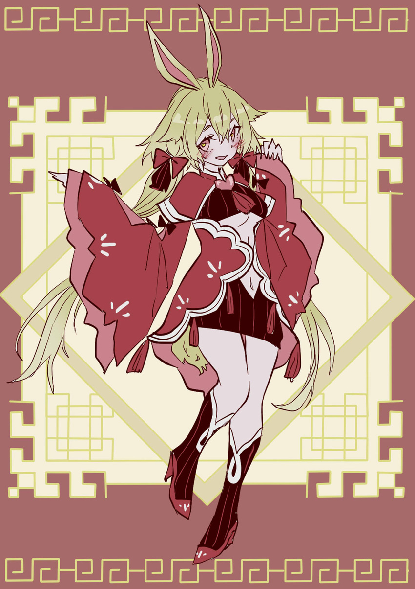 animal_ears blonde_hair blush breasts brown_dust_2 chinese_clothes dress female full_body hair_between_eyes hair_ribbon high_heels highres large_breasts liatris_(brown_dust) long_hair looking_at_viewer navel rabbit_ears rabbit_girl red_background red_dress red_eyes red_footwear red_ribbon red_socks ribbon smile socks solo standing standing_on_one_leg striped_clothes striped_socks tn_scallion twintails underboob very_long_hair wide_sleeves