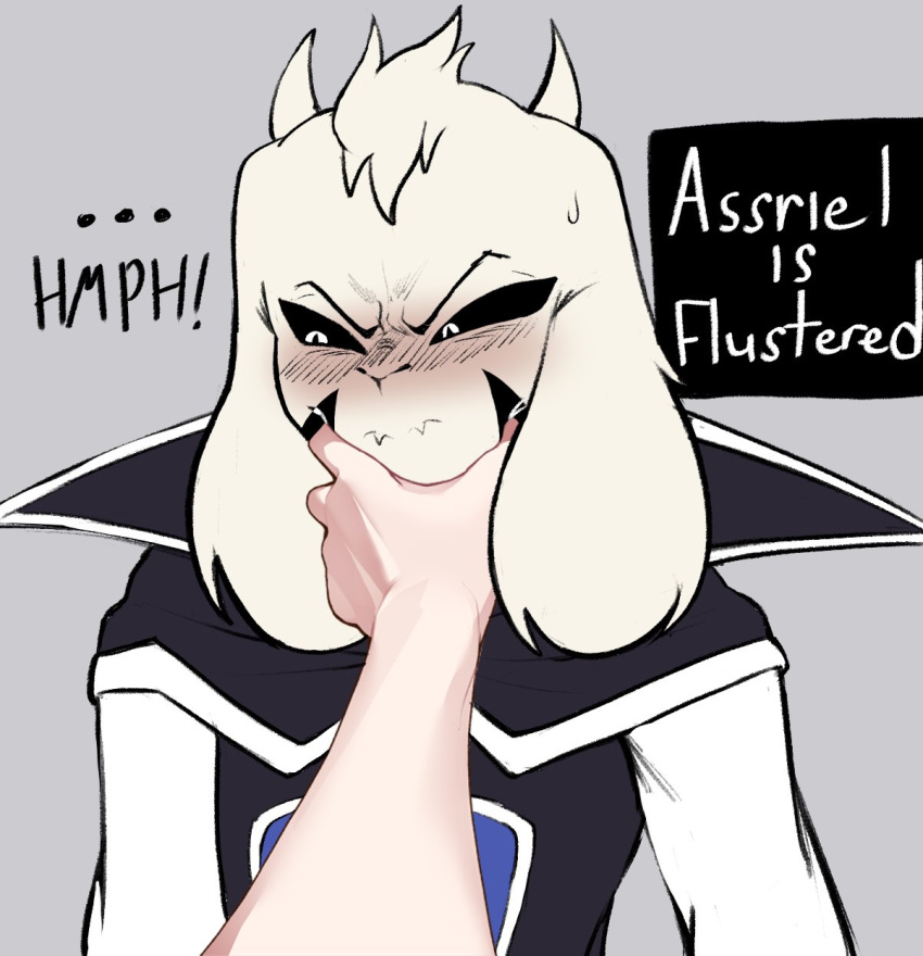 2024 asriel_dreemurr_(god_form) black_sclera blush boss_monster_(undertale) clothed clothing demonkingdaemon digital_media_(artwork) ellipsis embarrassed english_text flustered flustered_male grey_background hand_on_face hi_res hmph horn human mammal pinch pinching_cheeks simple_background text undertale undertale_(series)