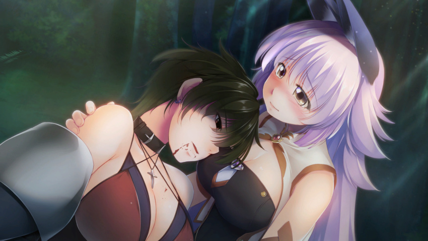 2girls animal_ears atelier-moo bare_shoulders bikini black_hair blood blood_on_face blush breasts brown_eyes cleavage closed_mouth collar detached_sleeves forest furrowed_brow hair_between_eyes highres jewelry large_breasts lips long_hair long_sideburns looking_down mana_(our_battle_has_just_begun!) multiple_girls nature necklace open_mouth our_battle_has_just_begun! purple_hair sad short_hair sideburns swimsuit taylor_(our_battle_has_just_begun!) tearing_up upper_body very_long_hair wolf_ears wolf_girl