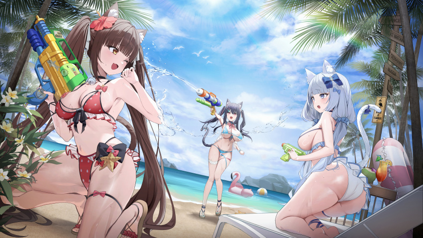 3girls :d ;d absurdres animal_ears ass beach bikini black_hair blue_bikini blue_bow blush bow breasts brown_hair cat_ears cat_fantasy cat_girl cat_tail character_request chocola_(nekopara) commentary_request day flower hair_flower hair_ornament hairbow highres holding innertube kneeling korean_commentary large_breasts long_hair multiple_girls nagul navel nekopara one_eye_closed open_mouth outdoors red_bikini smile stomach swim_ring swimsuit tail thigh_strap thighs twintails underboob vanilla_(nekopara) very_long_hair water water_gun wet white_bikini white_hair