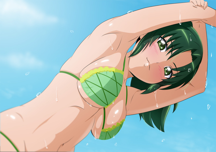 armpits arms_up bikini blush breasts female fuchi_(nightmare) green_bikini green_eyes green_hair highres long_hair medium_breasts midorikawa_nao navel ponytail precure shiny_skin skindentation smile smile_precure solo swimsuit underboob