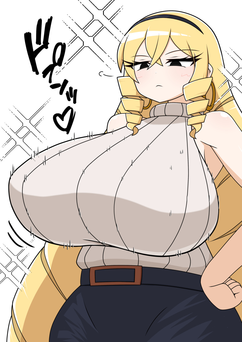 :< belt berun_(zakeruga1zakeru) black_eyes black_hairband black_skirt blonde_hair blush bouncing_breasts breasts closed_mouth drill_hair drill_sidelocks earrings female hairband hands_on_own_hips highres hoop_earrings huge_breasts jewelry kaneda_maria long_hair mount_celeb_kaneda-san pencil_skirt sidelocks simple_background skirt sleeveless sleeveless_sweater solo sparkling_aura standing sweater turtleneck turtleneck_sweater twin_drills very_long_hair white_background