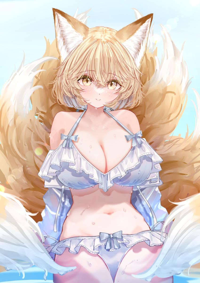 animal_ears bikini blonde_hair blush bob_cut breasts cleavage female fox_ears fox_girl fox_tail frilled_bikini frills highres large_breasts looking_at_viewer multiple_tails navel ribbon-trimmed_bikini sarasadou_dan short_hair smile solo stomach swimsuit tail touhou wet_tail white_bikini yakumo_ran yellow_eyes