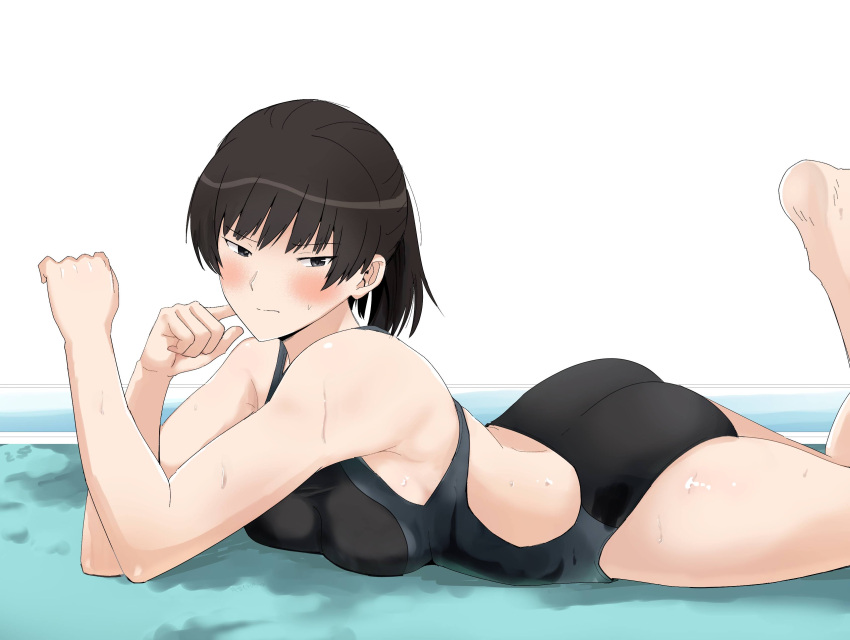 absurdres amagami ass bare_arms bare_shoulders black_eyes black_hair black_one-piece_swimsuit blue_eyes blue_one-piece_swimsuit breasts closed_mouth competition_swimsuit female gyuunyuu_pack_(tanaka) highres large_breasts looking_at_viewer lying on_stomach one-piece_swimsuit ponytail short_hair solo swimsuit thighs tsukahara_hibiki two-tone_one-piece_swimsuit wet