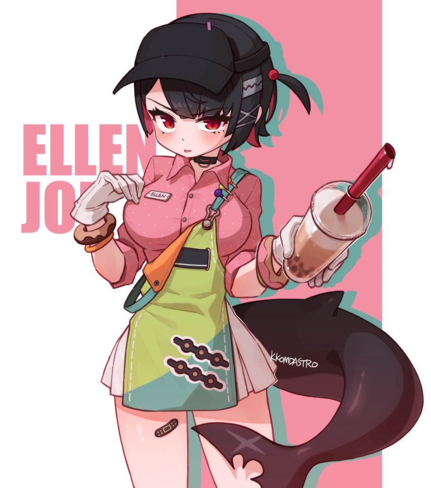 ! absurdres alternate_costume apron artist_name bandaid bandaid_on_leg black_choker black_hair blush bracelet breasts bubble_tea candy character_name choker closed_mouth collared_shirt colored_inner_hair commentary cowboy_shot cowlick cup doughnut dress_shirt drink drinking_straw drop_shadow ellen_joe english_commentary female fins fish_tail food gloves hair_ornament highres holding holding_cup holding_drink jewelry kkomdastro large_breasts lollipop looking_at_viewer mole mole_under_eye multicolored_background multicolored_hair name_tag orange_bracelet pink_background pink_shirt pleated_skirt red_eyes red_hair scar_on_tail shark_girl shark_tail shirt short_hair skirt solo standing tail tongue tongue_out two-tone_background two-tone_hair uniform visor_cap white_background white_gloves white_skirt x_hair_ornament zenless_zone_zero