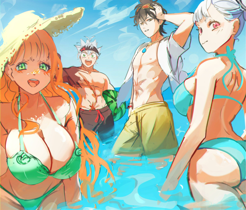 2boys 2girls absurdres ass asta_(black_clover) bikini black_clover black_hair breasts cleavage green_eyes grey_hair hat highres huge_breasts large_breasts long_hair looking_at_viewer mimosa_vermillion mitanaartworks multiple_boys multiple_girls noelle_silva open_mouth orange_hair purple_eyes smile swimsuit twintails water yuno_(black_clover)