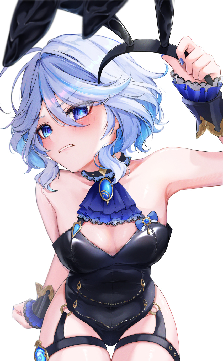 absurdres alternate_costume arm_up armpits ascot black_leotard blue_ascot blue_eyes blue_hair blush breasts clenched_teeth collarbone cowboy_shot drop-shaped_pupils female furina_(genshin_impact) genshin_impact heterochromia highres holding_hairband invisible_chair leotard light_blue_hair looking_at_viewer netarou_(netarou_25) playboy_bunny short_hair sitting small_breasts solo symbol-shaped_pupils teeth thigh_gap thigh_strap vision_(genshin_impact) wavy_hair white_background wrist_cuffs